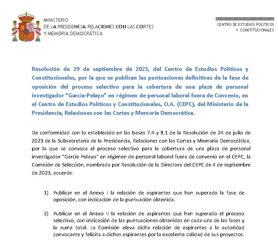 Resoluciones de puntuaciones definitivas de la fase de oposición y aspirantes que han superado el proceso selectivo y de adjudicación de plaza de personal investigador García-Pelayo 2023.