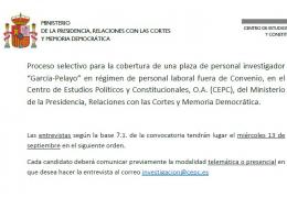 Convocatoria a entrevistas del proceso selectivo de una plaza de personal investigador García-Pelayo 2023